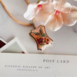 Vintage Pink Enamel Floral Butterfly Cloisonne Pendant Necklace